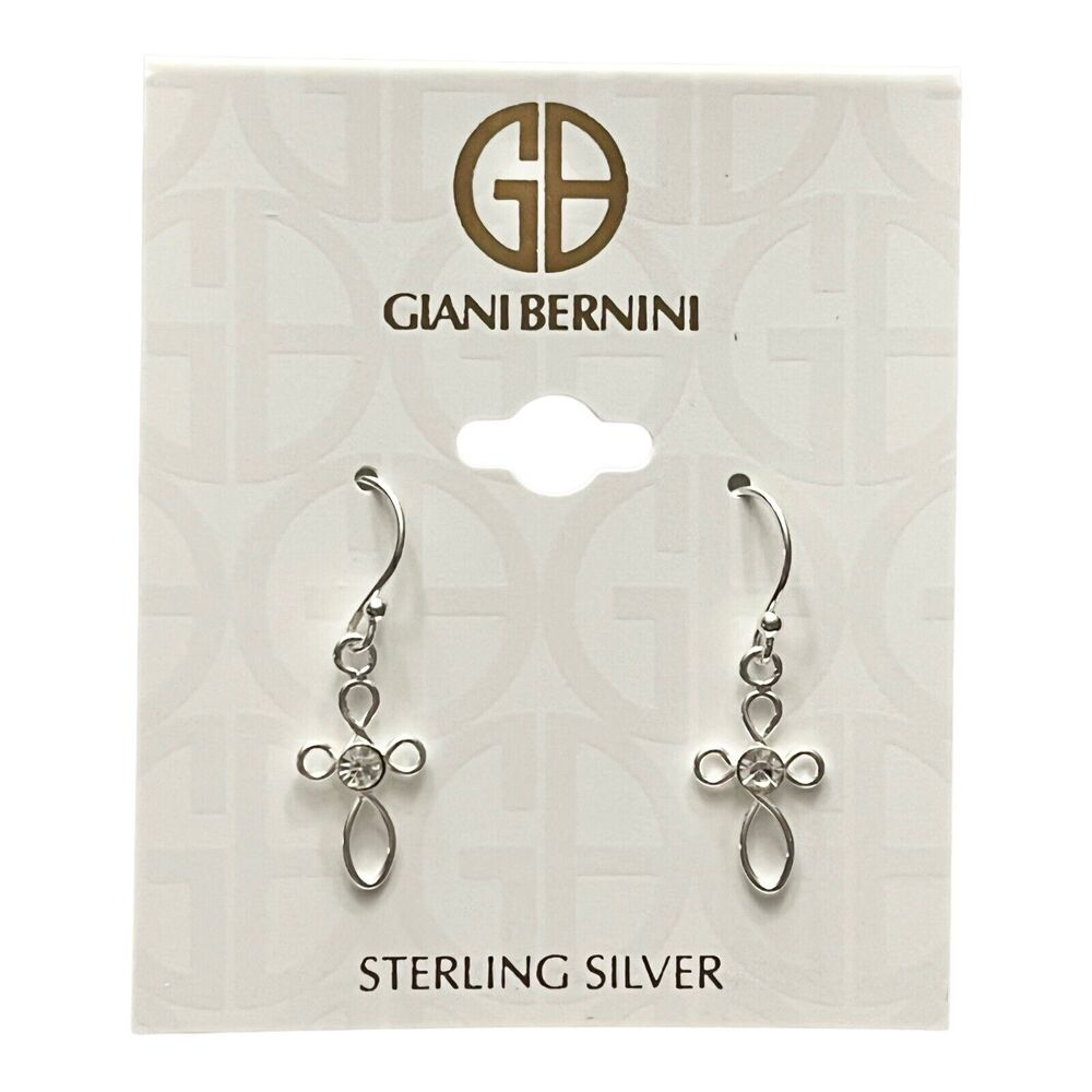 Giani Bernini Silver Wire Cross Earrings Crystal Dangle Sterling 1.25" New
